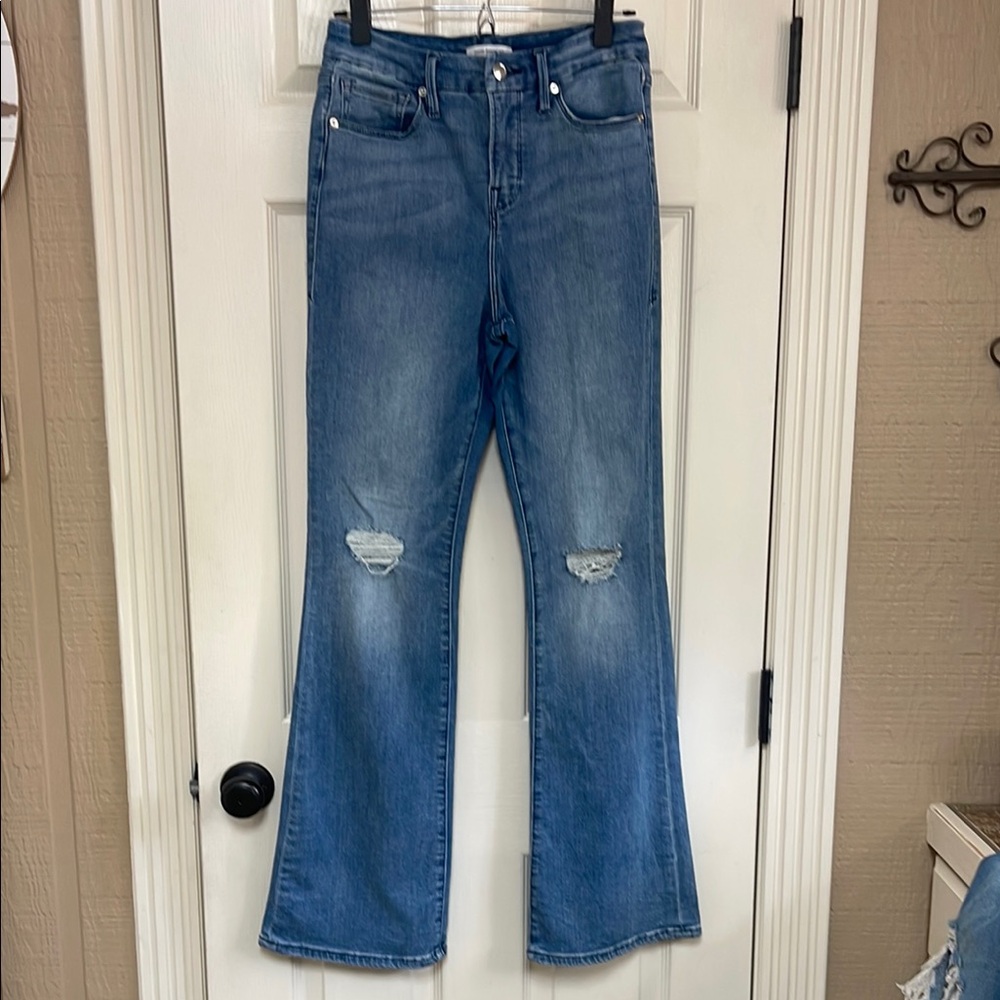 Good American Blue Flare Wide Leg Jeans with Distressed Details
